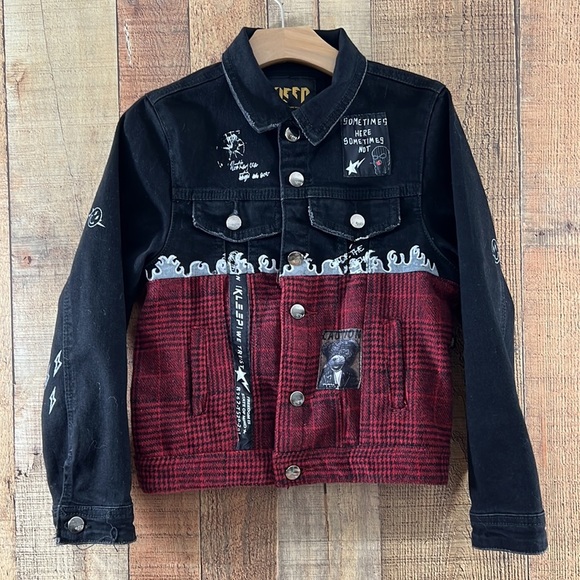 Kleep Black Red Brick Layer Jean Jacket Boys 7/8  Premium Washed Cotton Denim - Picture 2 of 9